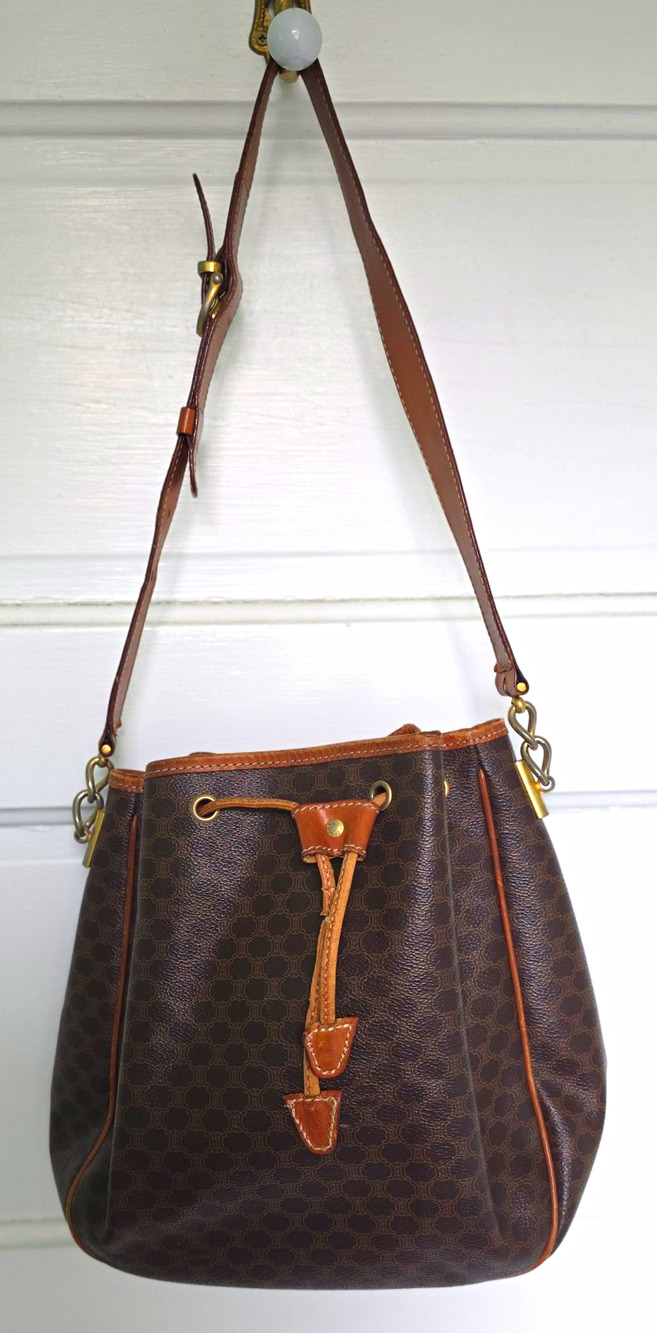 CELINE Browm Macadam Bucket Shoulder Bag Drawstring Adjustable Strap Gold HW